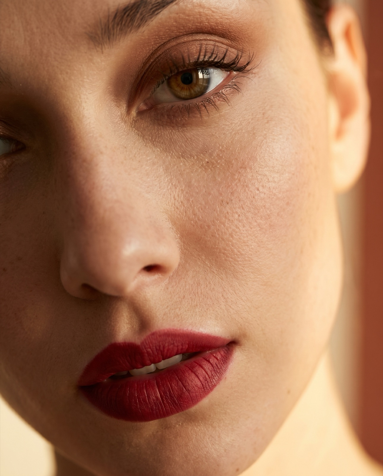 Editorial close-up portrait of a woman with warm lighting